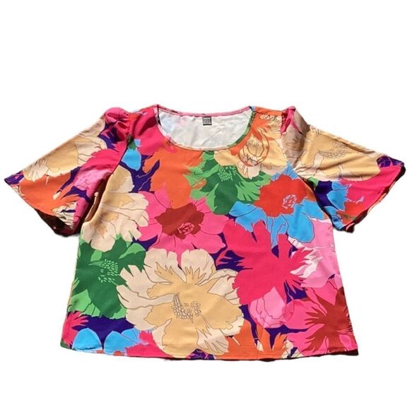 SHEIN NEW BOHO WOMENS LARGE TOP BLOUSE FLOUNCE SLEEVES BRIGHT FLORAL LARGE - Picture 5 of 8